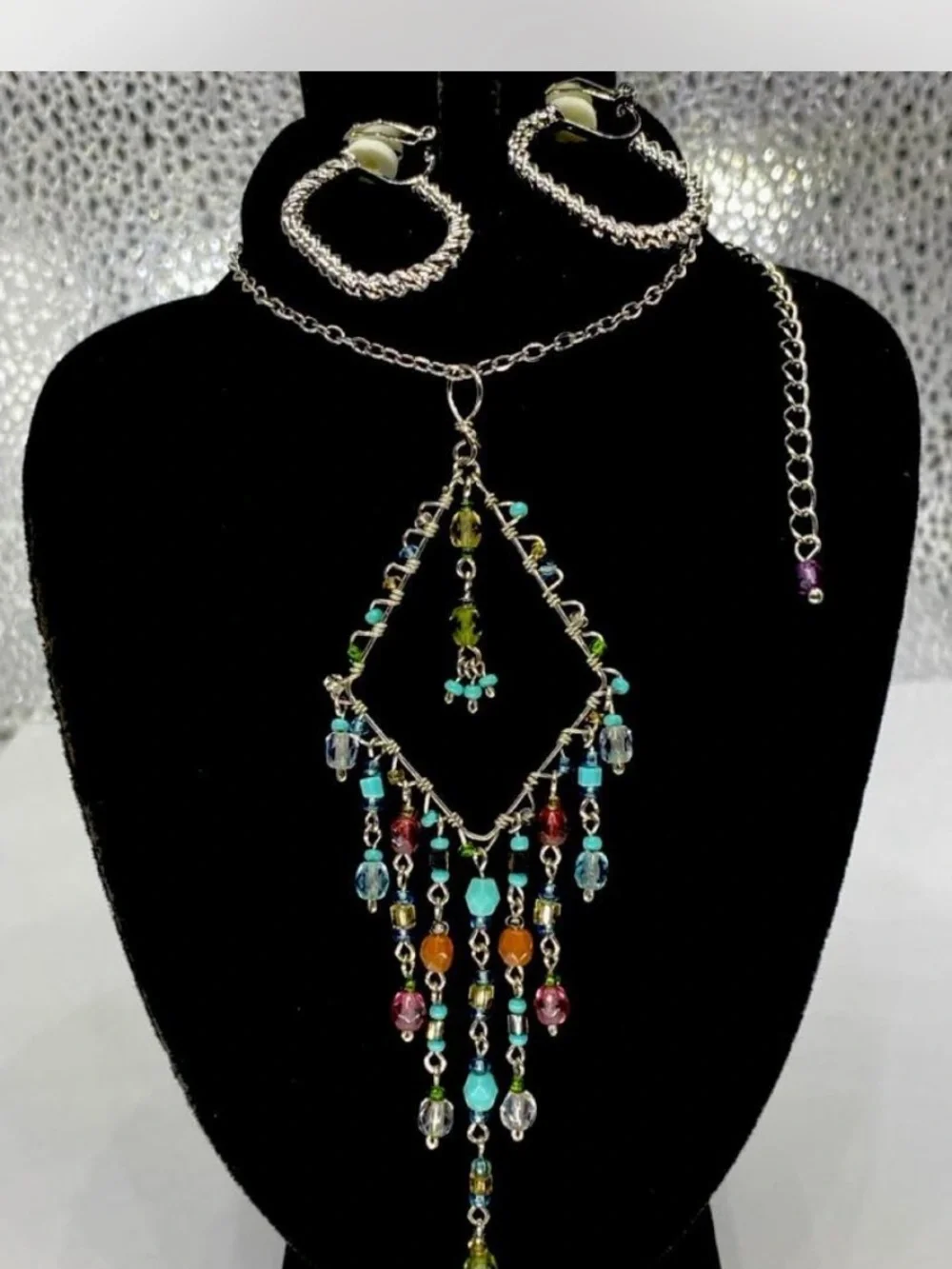 Southwestern ***  Custom ^^^ Beaded Silver-Tone Fringe   Necklace / Earrings ***